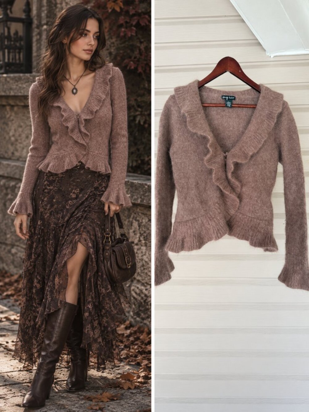 Alexandra Bartlett Mauve Brown Angora Ruffle Cardigan Cropped Coquette L